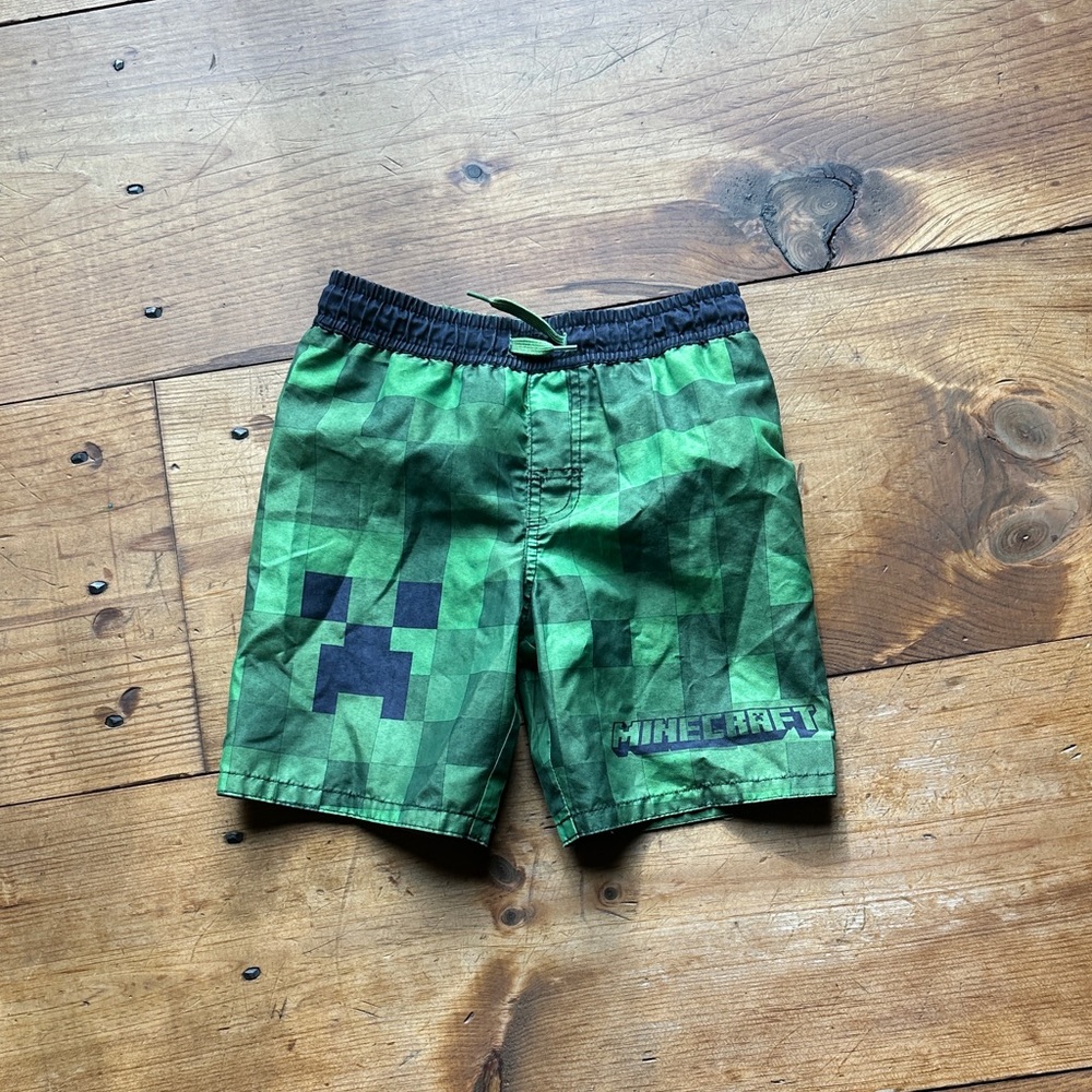 Minecraft Kids Pixelated Green Swim Trunks